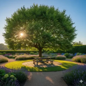 Dichter Schattenwurf durch Baum, ideal als natürliche schattierung für garten-Sitzgruppen