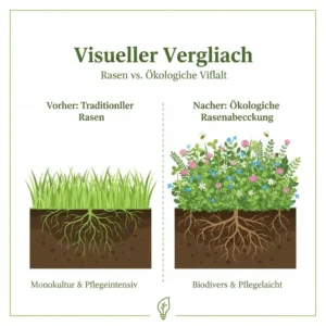 Visueller Vergleich zwischen traditionellem Rasen und einer vielfältigeren ökologische Rasenabdeckung.