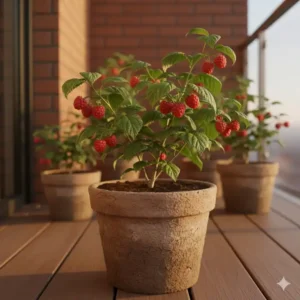 Ein kleiner Beerenstrauch im Topf, der essbare Erträge in mini ökologische gartenprojekte bringt