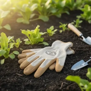 Gartenhandschuhe aus Bio-Baumwolle und Naturlatex, die man beim Gebrauch von nachhaltige gartengeräte für gemüse tragen sollte.