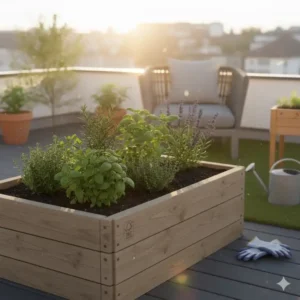 Kompaktes nachhaltiges Kräuterhochbeet auf einem Balkon. Ideal für kleine Flächen, einfach kaufen und aufstellen.