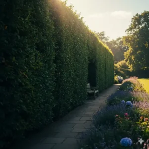 Hohe, dichte Hecke bietet natürliche schattierung für garten und schützt vor Wind