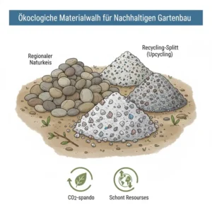 Stacks of regional and natural gravel or recycled aggregate, representing an ecologically sound material choice to use gravel in sustainable garden construction. kies im nachhaltigen garten nutzen