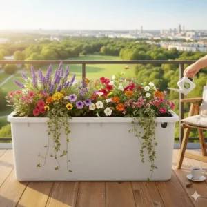Bienenfreundliche Blumen in einem nachhaltigen Blumenkasten kaufen auf dem Balkon.