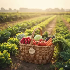 Ein traditionell geflochtener Weidenkorb, gefüllt mit der frischen Ernte, die mithilfe von nachhaltige gartengeräte für gemüse erzielt wurde.