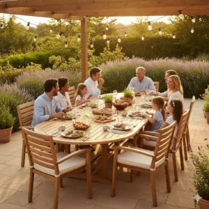 Großer, ausziehbarer Gartentisch aus Holz, perfekt für die Familie. Er zählt zu den nachhaltige Gartenmöbel aus Holz.