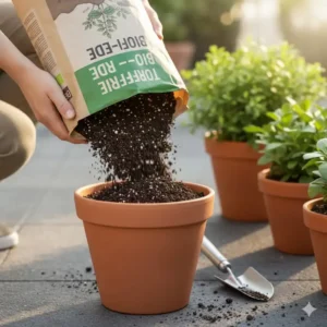 Nachhaltige Kübelpflanzen für Terrasse: Hände füllen torffreie Bio-Erde in einen Kübel.