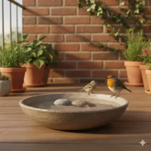 Eine flache Schale mit Wasser als selbstgebaute Vogeltraenke, zur Förderung der Artenvielfalt in mini ökologische gartenprojekte