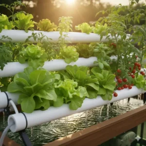 Nahaufnahme der Pflanzen, die im aquaponik set für garten ohne Erde wachsen.
