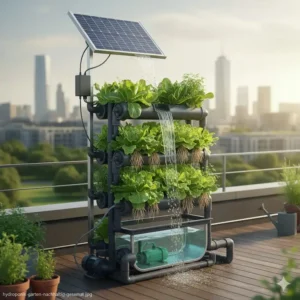 Visualisierung eines geschlossenen Kreislaufsystems, das zeigt, wie ein hydroponik garten nachhaltig Wasser spart.