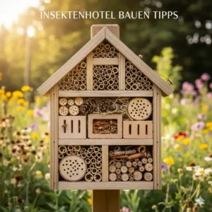 Nahaufnahme eines selbstgebauten Insektenhotels mit verschiedenen Röhrchen und Zapfen für Wildbienen und andere Nützlinge. Tierfreundlicher Ökogarten Tipps