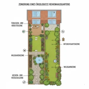 Eine detaillierte Illustration der verschiedenen Zonen für einen ökologischer garten im reihenhaus.