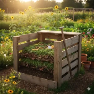 Ein DIY-Komposthaufen aus Holzresten als Düngerquelle für einen nachhaltiger Garten mit wenig Budget.
