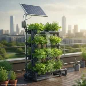 Platzsparender urbaner Anbau, dargestellt durch ein hohes vertikales System als Beispiel für einen hydroponik garten nachhaltig.