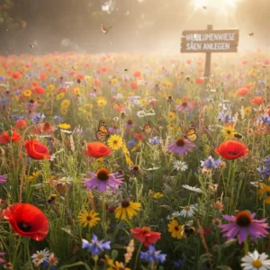 Bunte Wildblumenmischung mit vielen Nektarpflanzen, die Schmetterlinge und Bienen anlockt. Pflegeleichte Blumenwiese im tierfreundlicher Ökogarten Tipps.