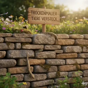 Strukturierte Trockensteinmauer, die Eidechsen und Insekten als Unterschlupf und Sonnenplatz dient. Natürliche Lebensräume schaffen: tierfreundlicher Ökogarten Tipps.