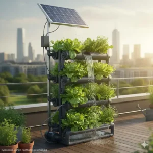 Ein System, das durch ein Solarpanel betrieben wird, um einen hydroponik garten nachhaltig mit erneuerbarer Energie zu versorgen.