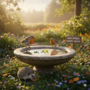 Eine saubere, flache Vogeltränke in einem Garten, die von einem kleinen Singvogel genutzt wird. Wasserstelle für Vögel und Igel. Tierfreundlicher Ökogarten Tipps.