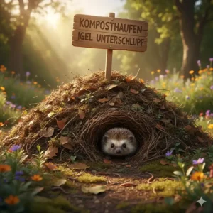 Großflächiger Komposthaufen mit einem Hinweis auf den Nutzen für Igel und Kleinlebewesen als Winterquartier. Tierfreundlicher Ökogarten Tipps.