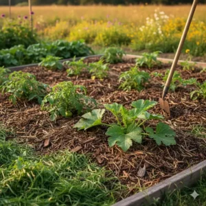 Natürliches Mulchen mit Grasschnitt zur Bodenpflege in einem nachhaltiger Garten mit wenig Budget.