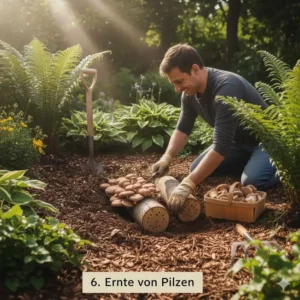 Pilzzucht im Garten Anleitung: Erfolgreiche Ernte von Shiitake-Pilzen, die direkt aus dem Holzstamm wachsen.