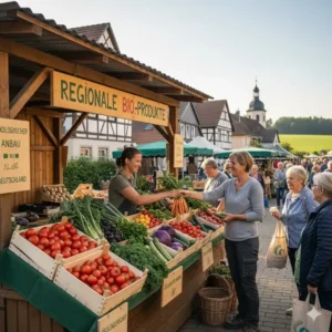 Ein Marktstand mit regionalem Bio-Gemüse, das die Bedeutung von ökologischer gartenbau deutschland für die lokale Wirtschaft unterstreicht.