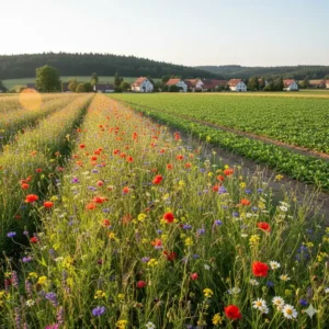 Ein Blühstreifen am Feldrand, der die Artenvielfalt im ökologischer gartenbau deutschland fördert.