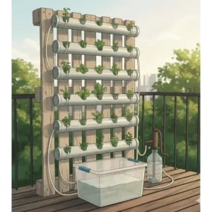 Ein selbstgebautes System aus recycelten Materialien, das die Kosteneffizienz und Nachhaltigkeit eines hydroponik garten nachhaltig zeigt.