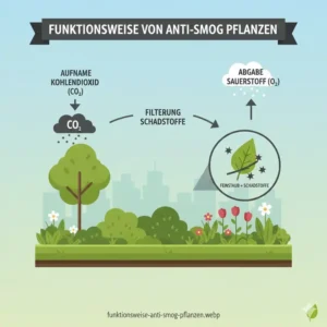 Eine Grafik erklärt, wie die anti smog pflanzen garten Schadstoffe aus der Luft filtern.