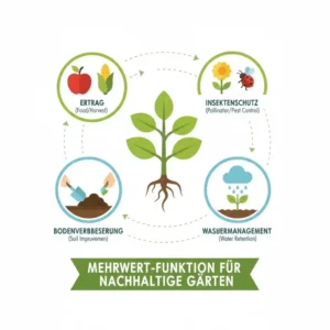 Infografik über die verschiedenen Funktionen und Vorteile der mehrwertpflanzen für nachhaltigen garten auf einen Blick.