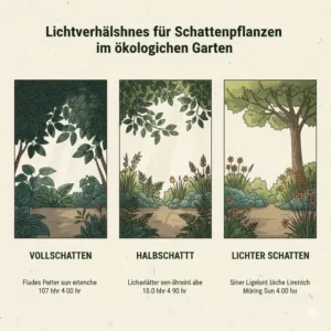 Infografik über verschiedene Lichtstufen für Schattenpflanzen ökologischer garten von Halbschatten bis Vollschatten.