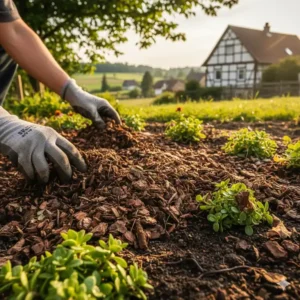 Bodenbedeckung durch Mulchen in einem Beispiel für einen klimaangepasster Garten Deutschland.