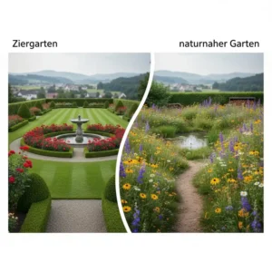 Bunte Wildblumen und Insekten in einem naturnaher garten statt ziergarten fördern die Artenvielfalt.