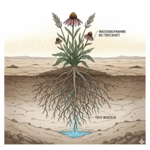 Illustration der tiefen Wurzeln, die klimaresistente pflanzen für garten bei Trockenheit versorgen.