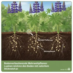 Illustration von Lupinen und deren Stickstofffixierung als wichtige mehrwertpflanzen für nachhaltigen garten.