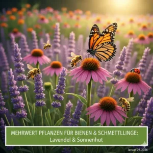 Bienen und Schmetterlinge auf Lavendel, ein Beispiel für wertvolle mehrwertpflanzen für nachhaltigen garten.