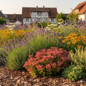 Auswahl heimischer Pflanzen, die perfekt für einen klimaangepasster Garten Deutschland geeignet sind.