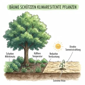 Bäume spenden Schatten für empfindlichere und klimaresistente pflanzen für garten bei Hitze.