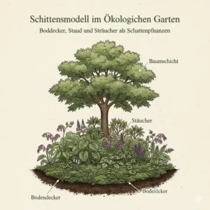 Illustration der vertikalen Schichtung von Bodendeckern bis Bäumen für Schattenpflanzen ökologischer garten.