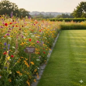 Eine artenreiche Wildblumenwiese als Alternative zum Rasen im langfristig pflegeleichter Ökogarten.