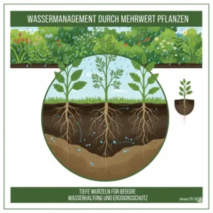 Darstellung der tiefen Wurzeln spezieller mehrwertpflanzen für nachhaltigen garten zur optimalen Wasserspeicherung.