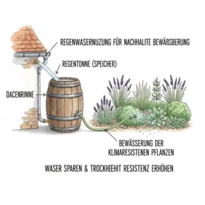 Nachhaltige Bewässerung mit Regenwasser für klimaresistente pflanzen für garten im Sommer.