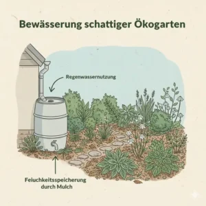 Nachhaltige Bewässerung und Wasserspeicherung für Schattenpflanzen ökologischer garten mittels Regentonne.