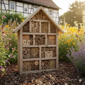 Ein Insektenhotel zur Förderung der Artenvielfalt im klimaangepasster Garten Deutschland.