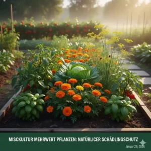 Natürliche Schädlingsbekämpfung durch strategisch gepflanzte mehrwertpflanzen für nachhaltigen garten in einer Mischkultur.