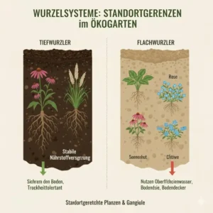 Educational illustration of root systems belonging to various standortgerechte pflanzen ökogarten.