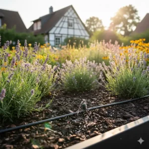 Effiziente Tröpfchenbewässerung installiert in einem klimaangepasster Garten Deutschland.