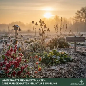 Vögel fressen an Beerensträuchern, die als winterharte mehrwertpflanzen für nachhaltigen garten das ganze Jahr über Mehrwert bieten.