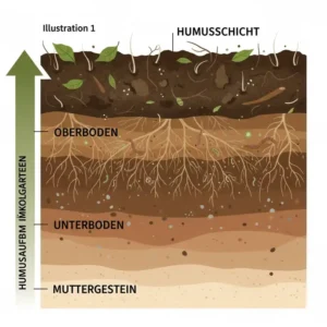Eine schematische Darstellung der Bodenschichten zur Veranschaulichung der Prozesse für den Humusaufbau im ökologischen Garten.