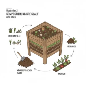 Infografik über den Kompostierungskreislauf als Basis für den Humusaufbau im ökologischen Garten.
